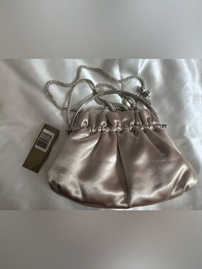 Satin Ruched Wristlet Clutch in Metallic Taupe